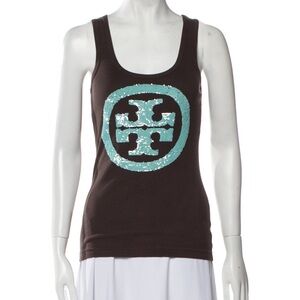 Tory Burch Tank Top Brown Graphic Print Sequin Embellishments Scoop Neck